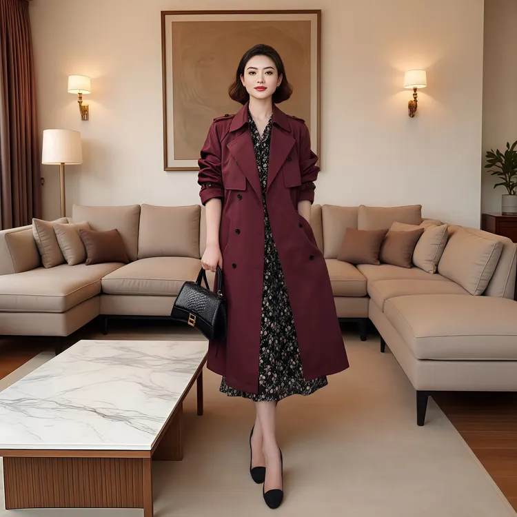 纯色微落肩秋季修身型插肩袖风衣时尚过膝显瘦双排扣红色中长款