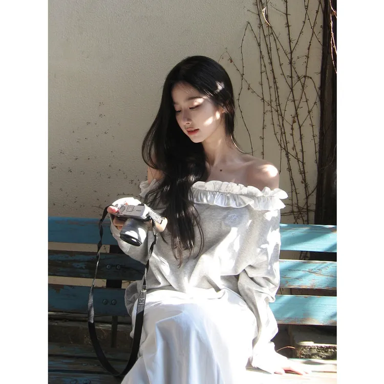 韩版气质时尚花边一字肩长袖T恤女春季新款宽松显瘦收腰小众上衣