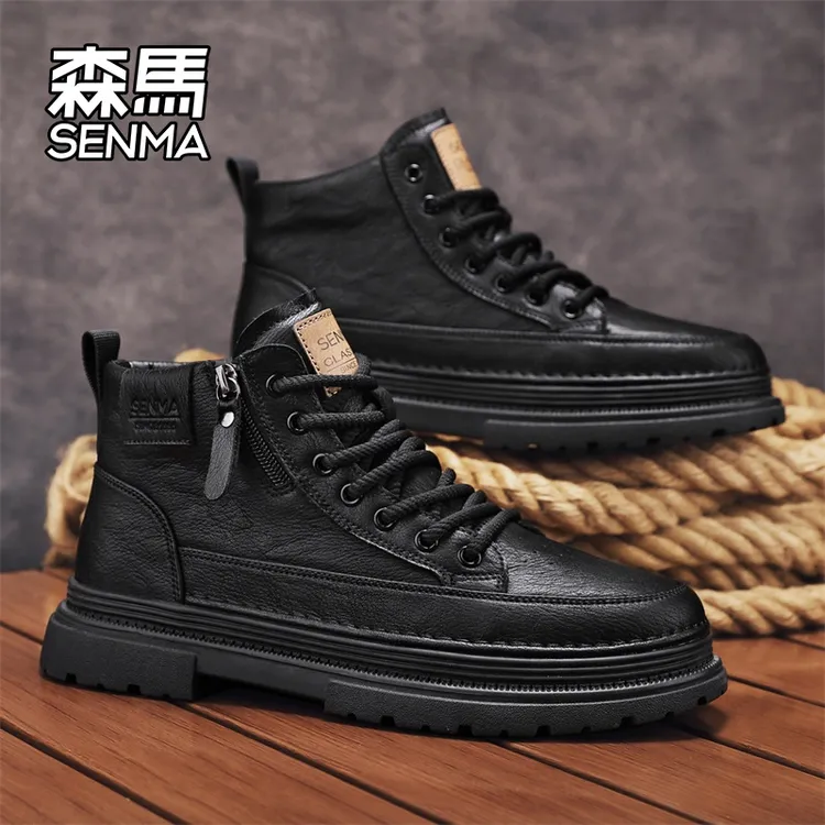 森马男鞋2025秋季马丁靴男款皮面防水耐脏高帮男士休闲百搭工装鞋