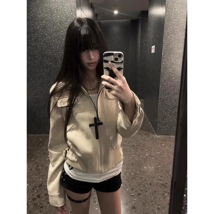 美式卡其色麂皮绒外套女春秋季新款独特设计感小众机车风夹克上衣