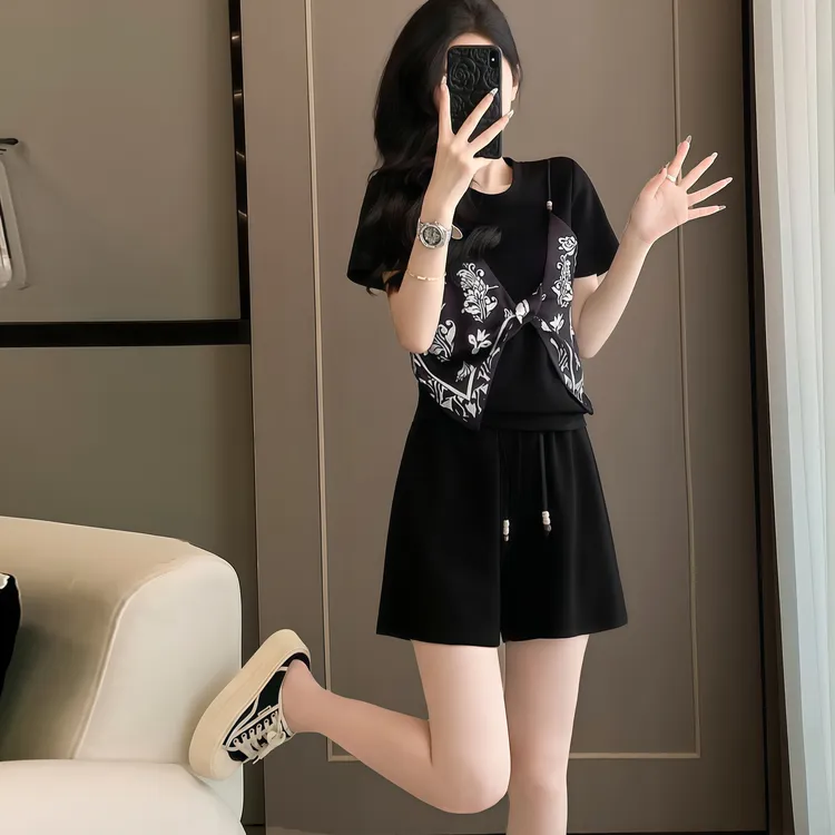 显瘦两件套时尚穿搭一整套休闲套装女假两件短袖短裤2025夏季新款