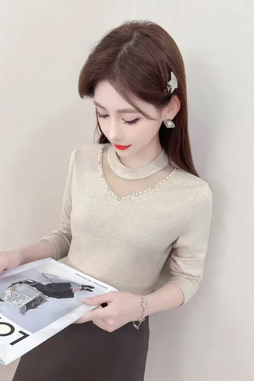 2025烫钻拼接百搭半高领长袖镶钻修身型纱网蕾丝洋气显瘦气质