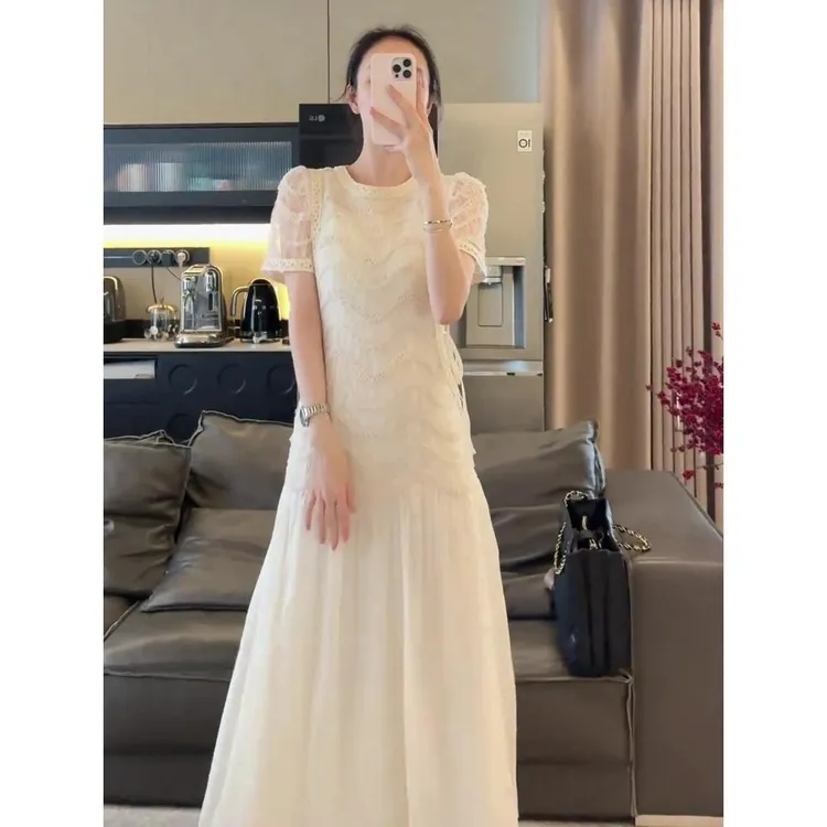  Zwim詹维 拼接面料连衣裙  法式气质白色连衣裙时尚拼接蕾丝长裙