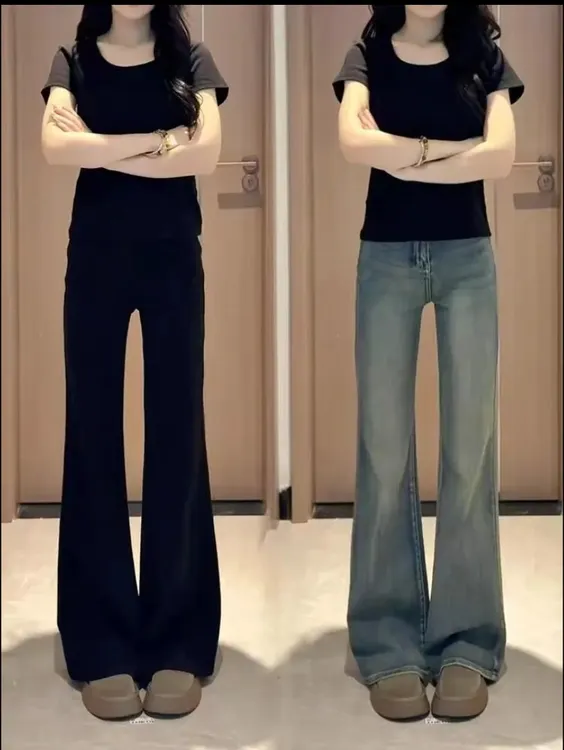 早秋新款复古微喇牛仔裤女春季新款高腰弹力修身显瘦胖妹妹mm