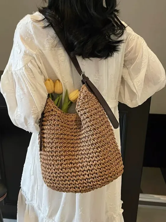 手工草编织包单肩包可调节斜挎包女夏手提托特包大容量休闲度假包