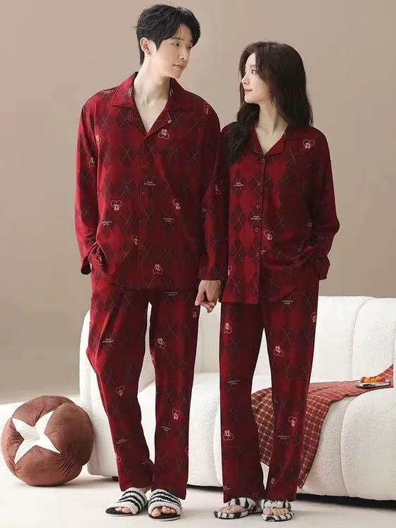 结婚新婚情侣睡衣大码胖mm男款女春秋2025新款本命年红套装300斤