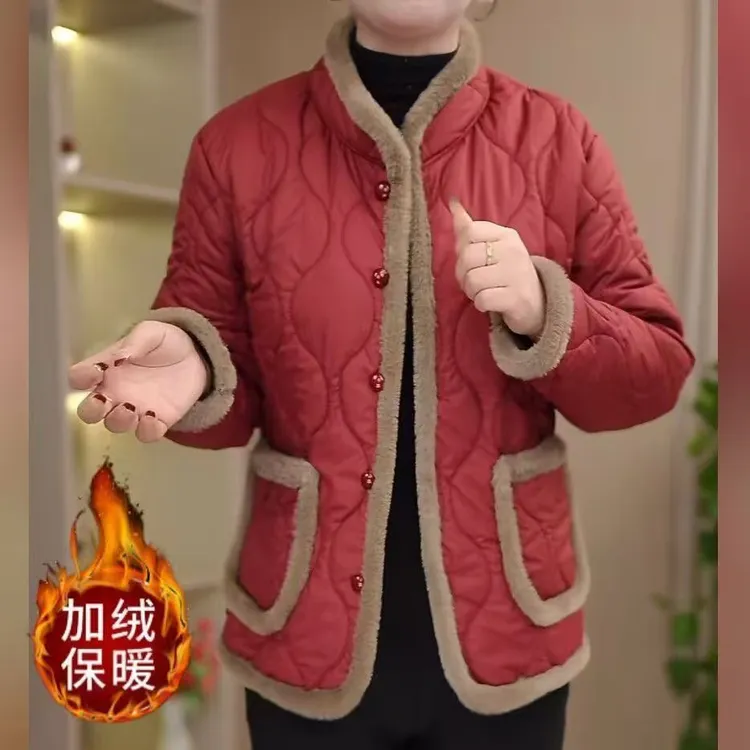 冬季加绒棉袄立领短款洋气棉衣中老年棉外套保暖休闲时尚百搭款