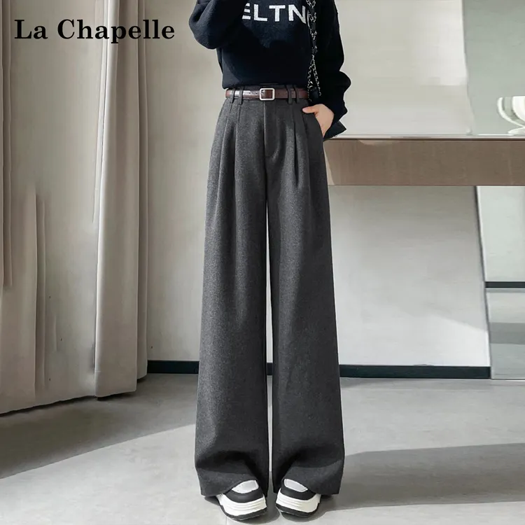 拉夏贝尔高腰腰带呢料直筒休闲裤女通勤时尚垂感毛呢长裤秋季新款