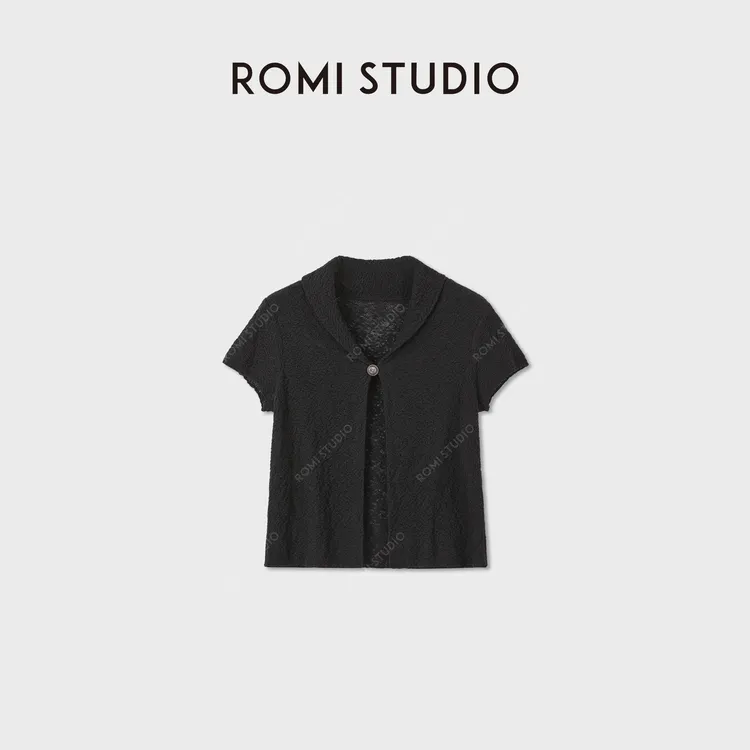 ROMI STUDIO干爽亚麻混纺立体浮雕工艺翻领短袖上衣RWCSST7601