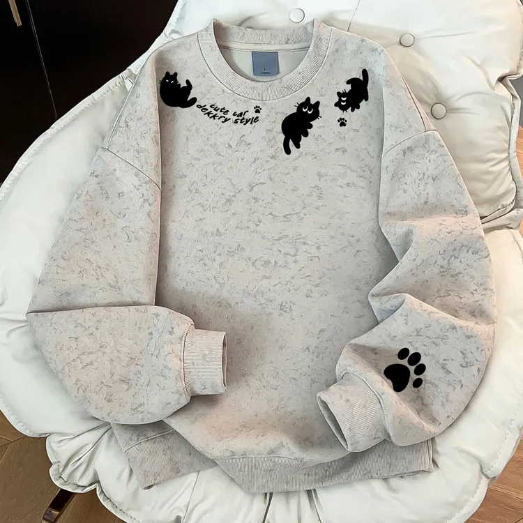 美式卡通印花蜡染加绒加厚重磅卫衣男女休闲时髦秋冬季卡其色上衣