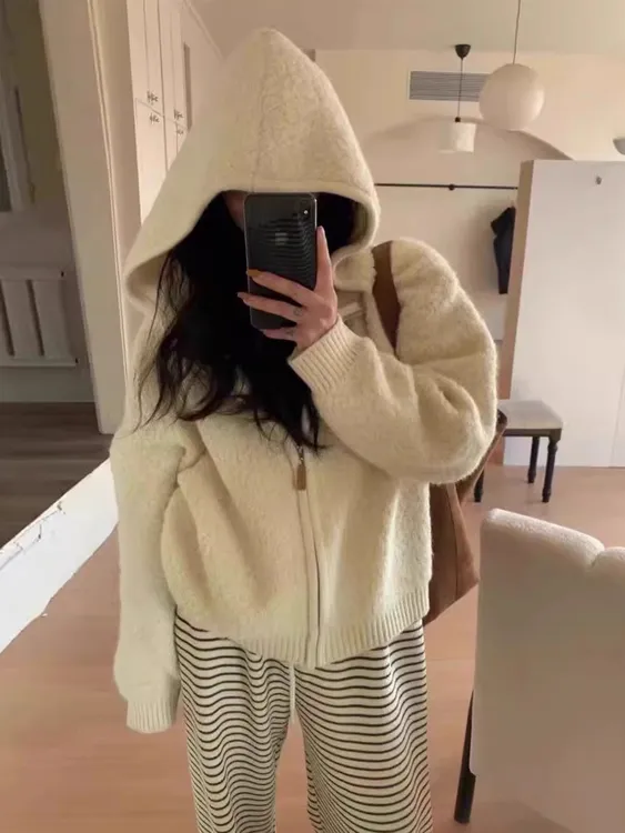 【8%羊毛+800克重】慵懒风韩系羊羔毛连帽拉链针织外套秋冬显瘦上衣