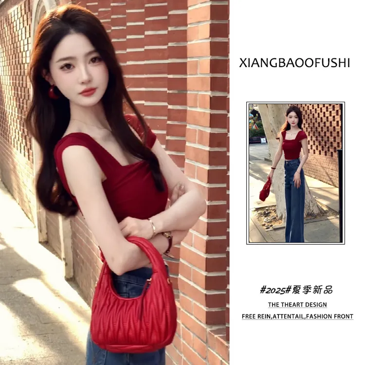 夏季穿搭一整套女装2025年新款韩系时尚短款上衣高腰牛仔裤两件套