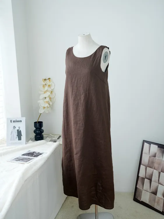 100亚麻单排多扣无袖长袖连衣裙女长裙莫奈花园风纯欲慵懒U41006