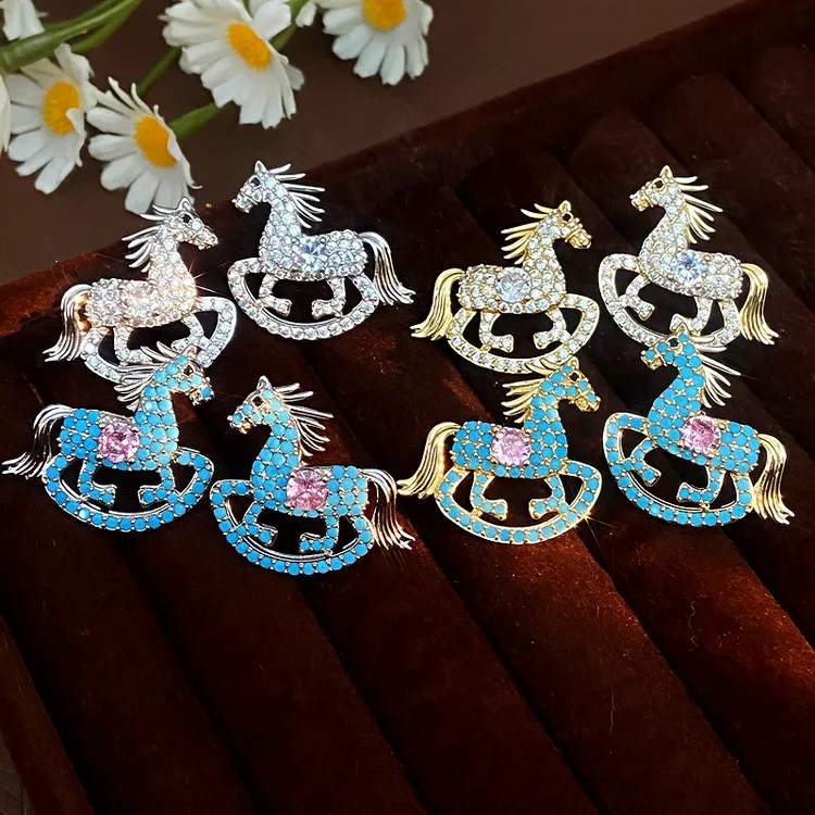 纯铜锆石耳饰 马上有钱国风马到成功动物时尚精致百搭小众耳环