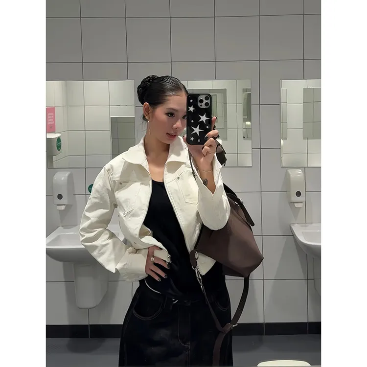 韩系复古风铆钉短款夹克翻领外套女2025早秋新款辣妹休闲百搭上衣