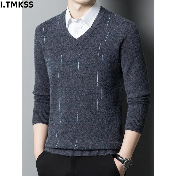 2026新款男士V领羊毛衫秋冬加厚保暖毛衣中年爸爸装针织打底上衣