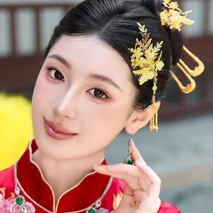 ETE-12075喜淘新娘轻奢金蝴蝶花叶流苏发梳 中式婚礼精致头饰配饰