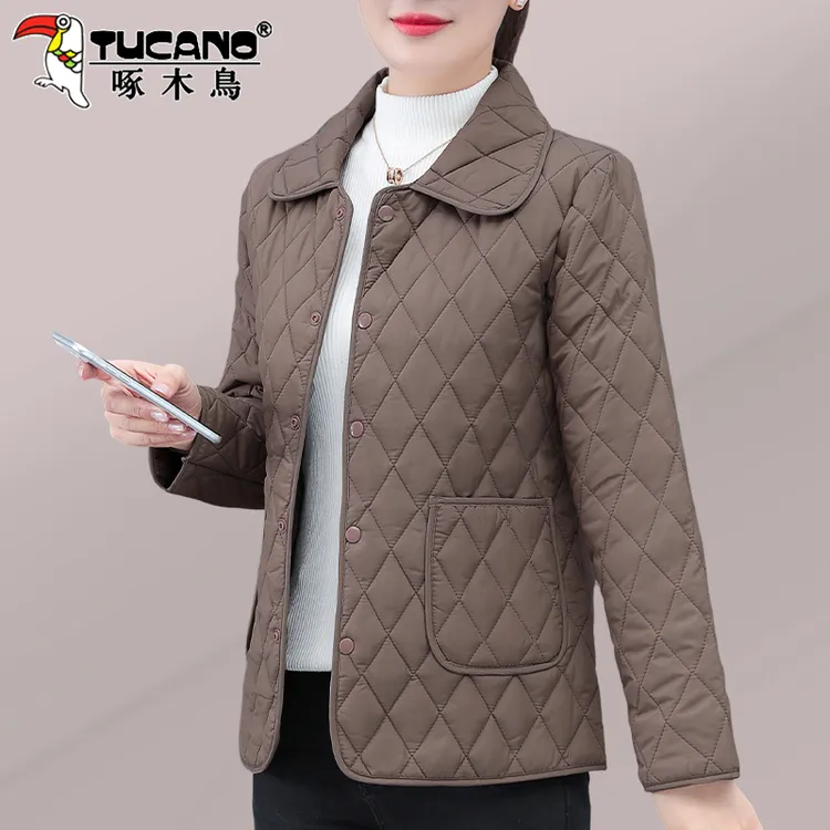 啄木鸟爆款夹棉外套女2025秋冬新款菱格轻薄款棉服中老年妈妈棉袄