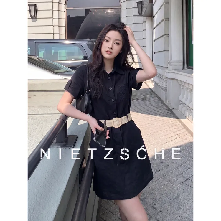 尼采 官方直营|摩登时代|1oo%亚麻 显瘦收腰A字短袖连衣裙91197