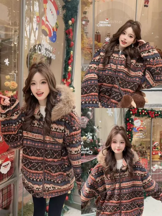 复古费尔岛连帽外套潮流休闲服出游服装女冬季新款设计感宽松棉服