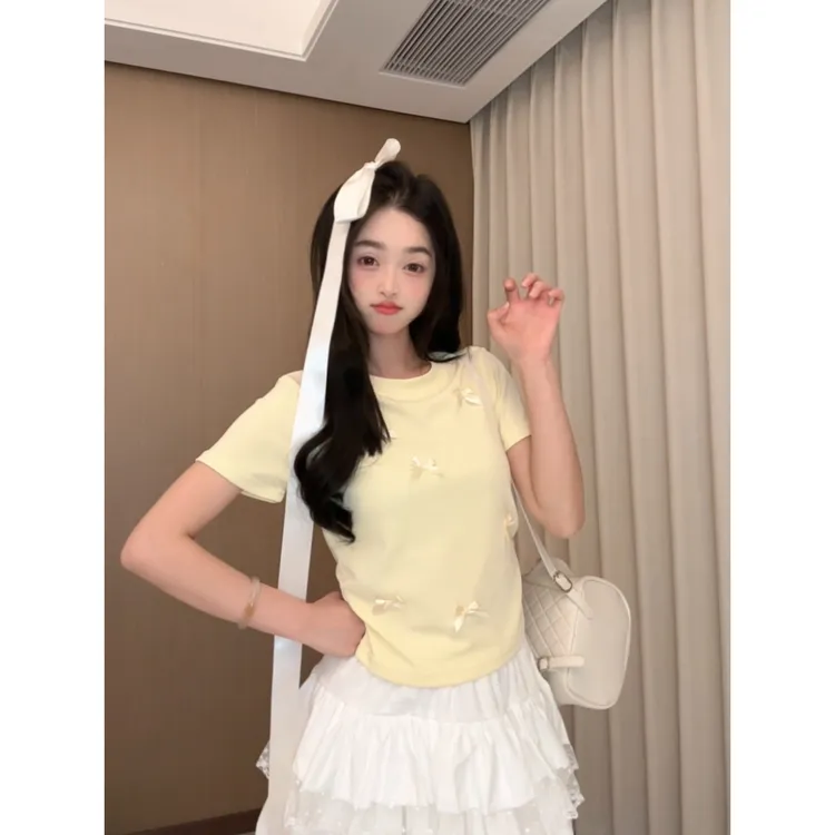 立体蝴蝶结韩系甜美温柔风减龄夏季设计黄色短袖修身显瘦正肩T恤