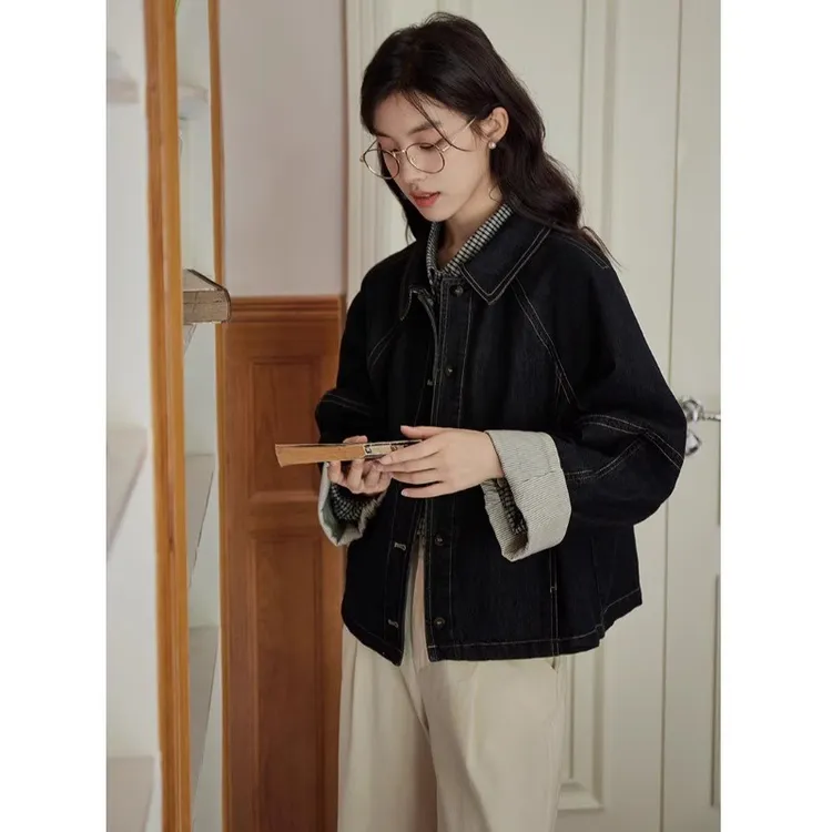 优雅名媛风甜美日系宽松设计感蓝色牛仔翻领长袖外套女2025年春季