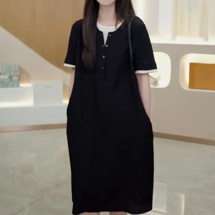 拼接气质假两件短袖连衣裙2025夏季新款时尚显瘦爆款减龄百搭裙子