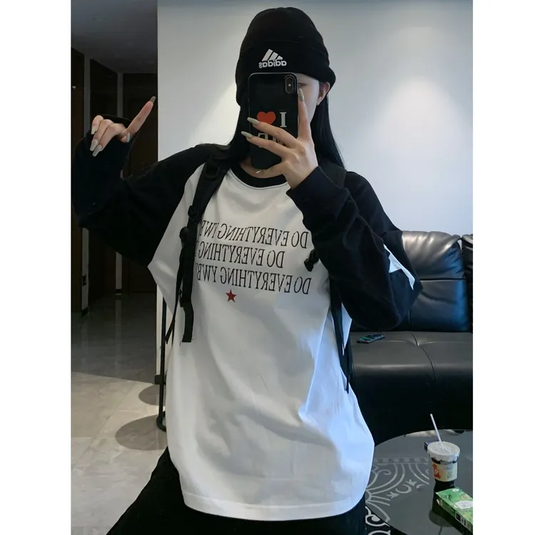 YWBY秋冬新款百搭设计感重磅硬挺纯棉圆领长袖t恤女宽松印花上衣