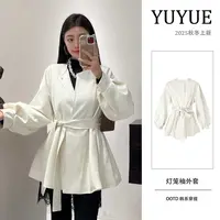 新款韩版气质圆领系带灯笼袖中长款风衣外套女收腰小个子5Q2058RS