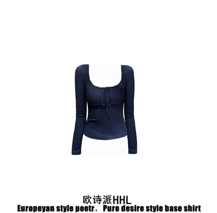蝴蝶结方领长袖针织衫女纯欲风修身显瘦设计感别致韩系打底衫上衣