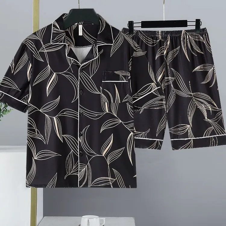 睡衣男夏季冰丝大码休闲开衫家居服简约宽松翻领睡衣短袖短裤套装