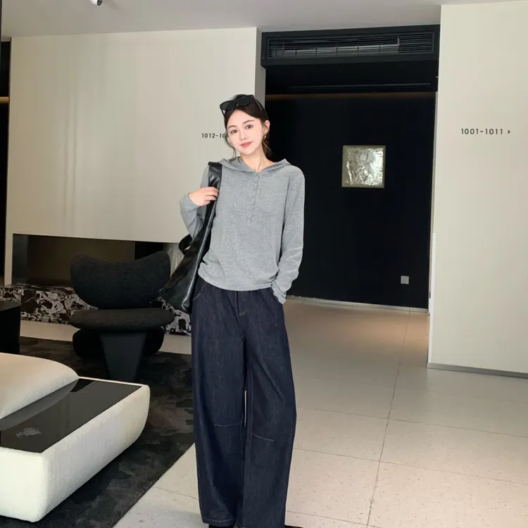 海维恩秋季新款女弯刀休闲裤遮肉显瘦百搭长款白色牛仔色牛仔裤