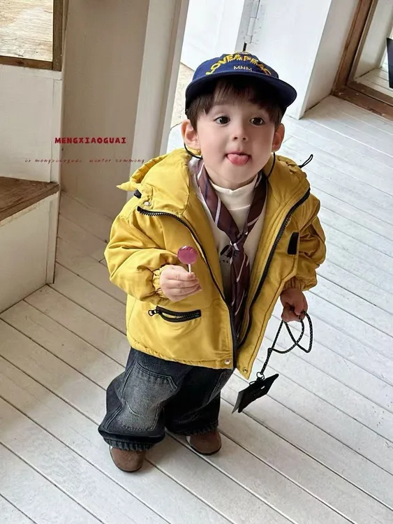 加绒加厚2025新款休闲小怪兽风衣棉外套服兔兔毛连帽洋气冬装男童