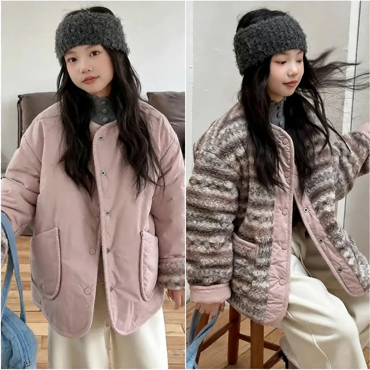 【波拉韩两面穿费尔岛】韩国亲子款童装洋气时髦女童加绒中大童外套