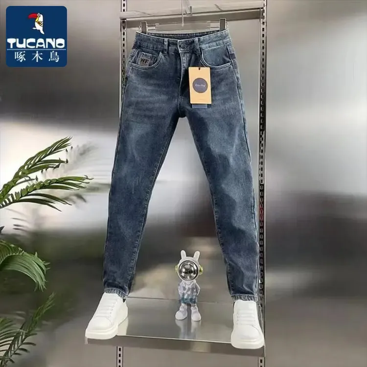 啄木鸟牛仔裤男士秋季高端潮牌时尚百搭修身显瘦直筒小脚裤男休闲