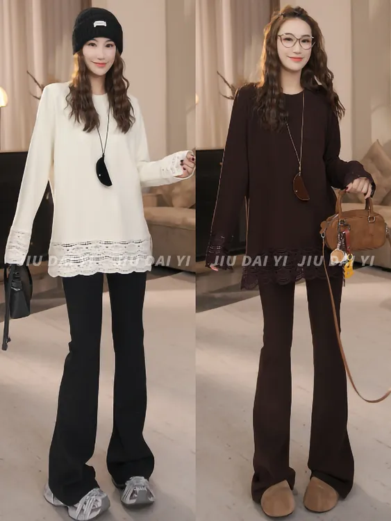 玖黛衣【香袖】冬季加绒纯色简约下摆拼蕾丝长袖T恤TXP47251