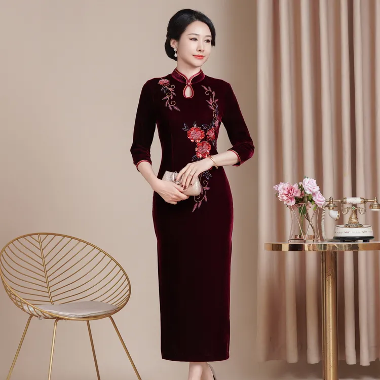 秋冬高贵气质喜婆婆金丝绒旗袍结婚喜妈妈婚礼中国风中袖敬酒礼服