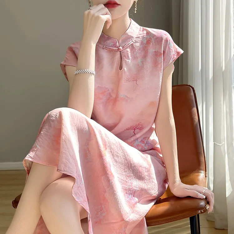 新中式晕染提花复古国风改良立领短袖女士旗袍裙
