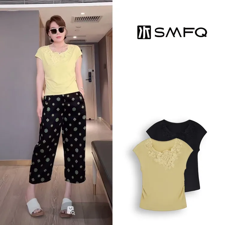 水木夫妻“奇妙花园”法式刺绣立体花收腰短袖T恤上衣