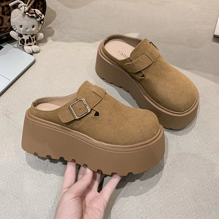 2025新款厚底一脚蹬半拖鞋女外穿松糕包头半托女鞋复古增高勃肯鞋