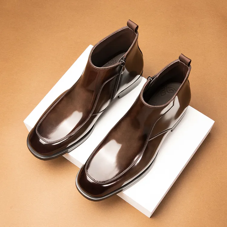 【增高3公分 有加绒】新品高帮马丁靴男英伦休闲小方头真皮商务短靴