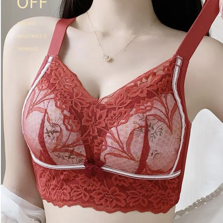 新年红色无磁可过安检大码内衣女大胸显小薄款无钢圈防下垂文胸