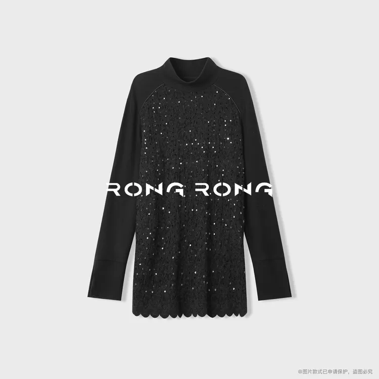 溶溶【星光夜】RONGRONG 莱赛尔高领拼接钩花蕾丝长袖上衣2502K510