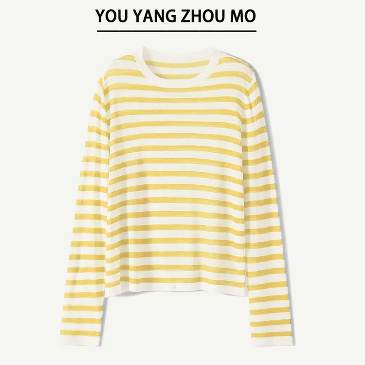 早秋爆款条纹罩衫100%莱赛尔圆领条纹衫慵懒风时尚上衣HY2072 CC