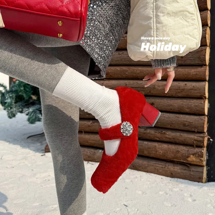 羊羔毛~6cm高跟粗跟鞋子女爆款红色毛茸茸芭蕾风玛丽珍方头勃肯鞋