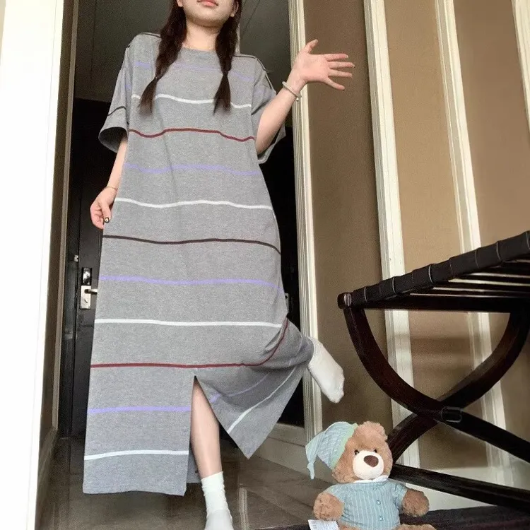 宽松夏季两穿条纹睡裙女士睡衣可外穿2025新款纯棉韩版家居服夏