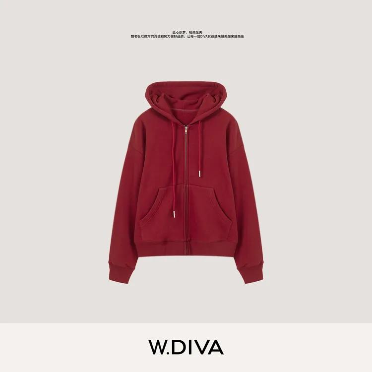 W.Diva【闲日连帽衫】美式校园风宽松有机棉针织卫衣外套53C202991