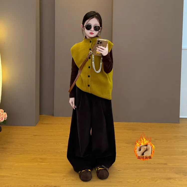 女童2025新款儿童秋冬季韩系潮酷时尚穿搭马甲打底加绒阔腿裤套装