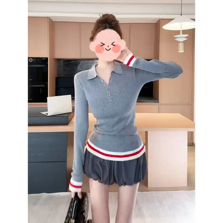 【复古条纹】美式复古撞色长袖针织polo领秋季设计感