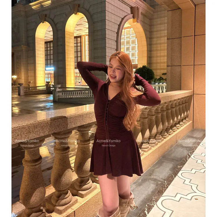 微醺喃语 法式复古甜辣风收腰显瘦排扣设计长短款连衣裙G323/G297